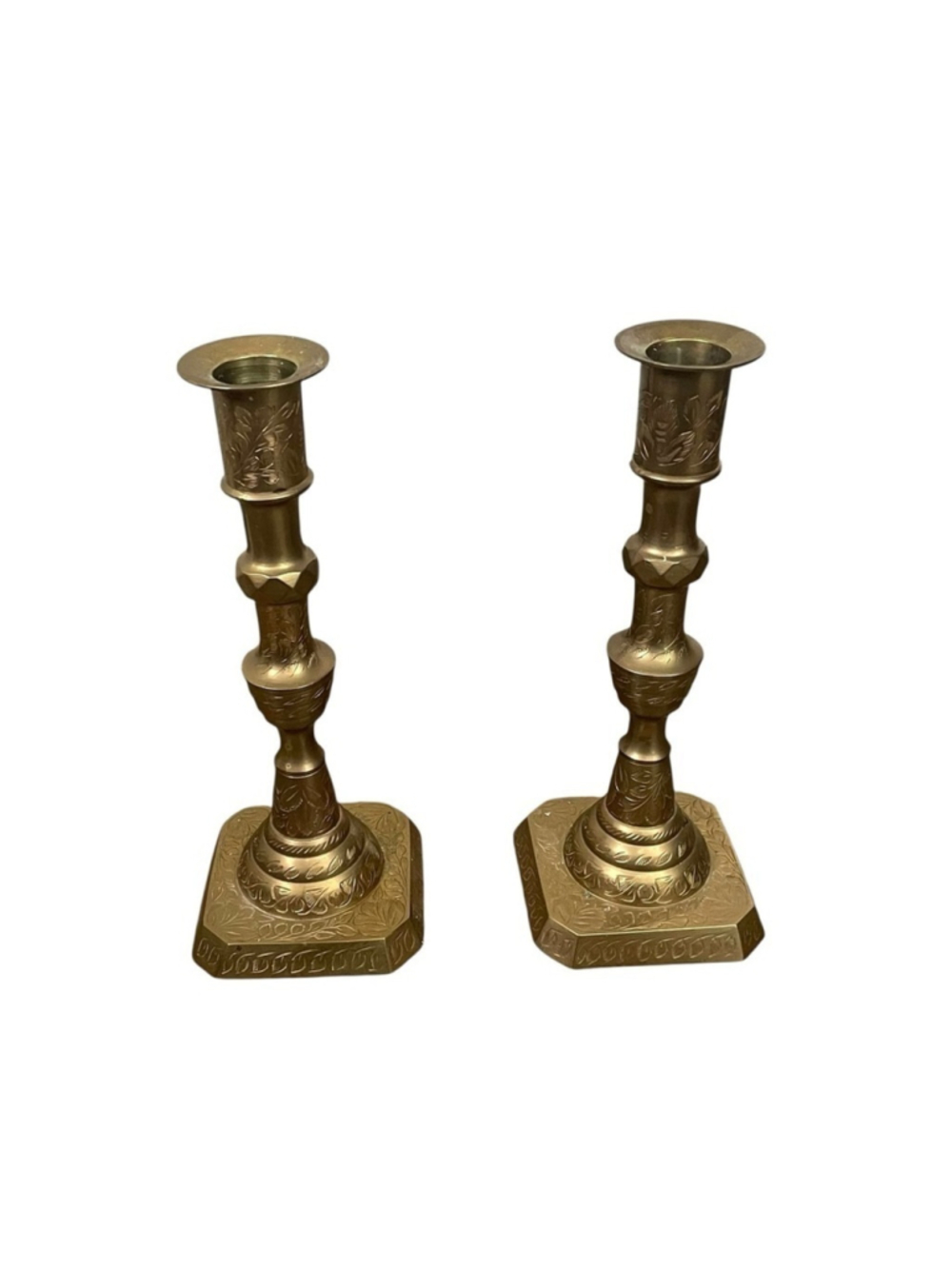 VINTAGE Set of 2 Brass Etched Candlestick Holders 9” - Picture 2 of 12